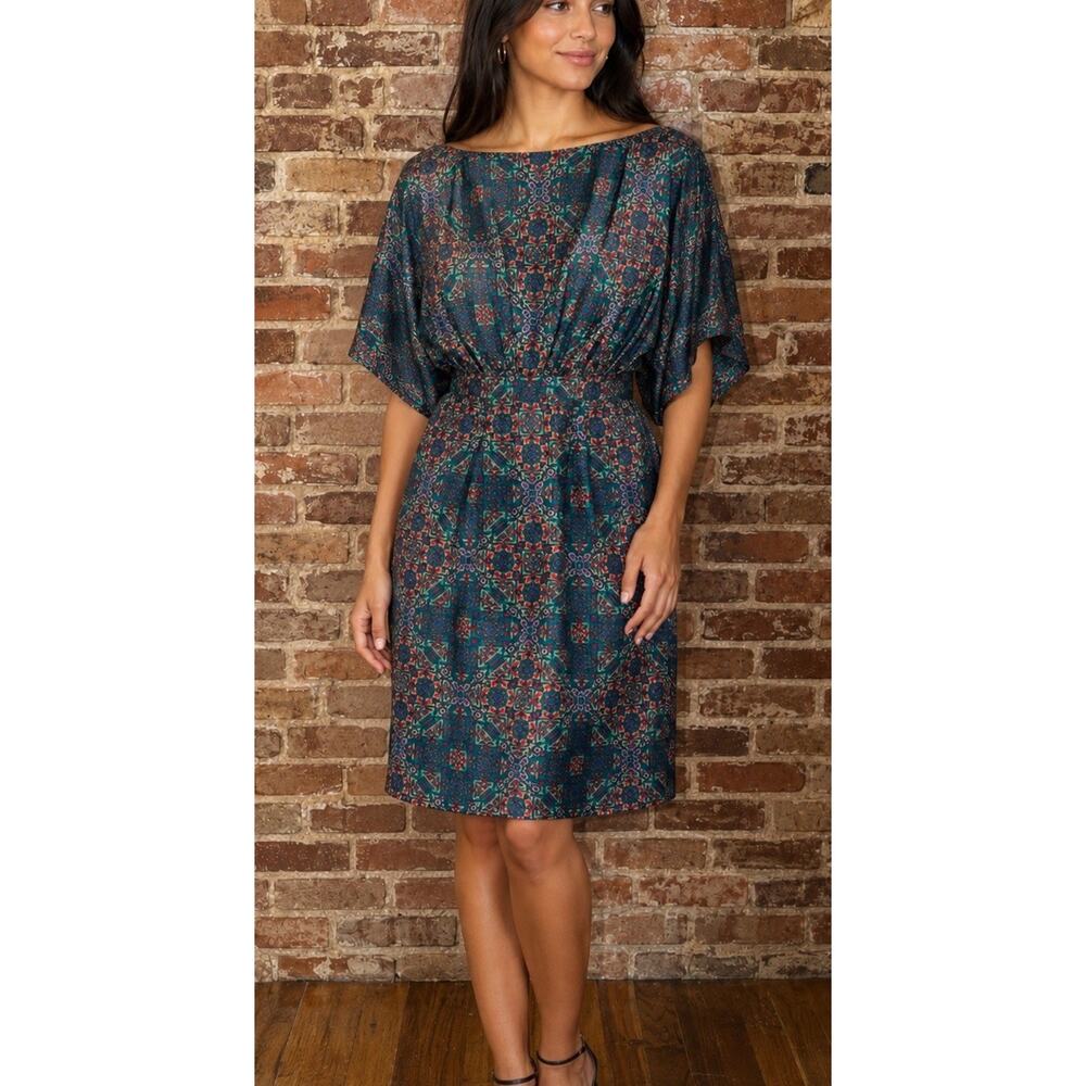 Nieves Lavi Jewel Tone Floral Hostess Vibe Dress 100% Silk Dress Sz 0 EUC Lovely